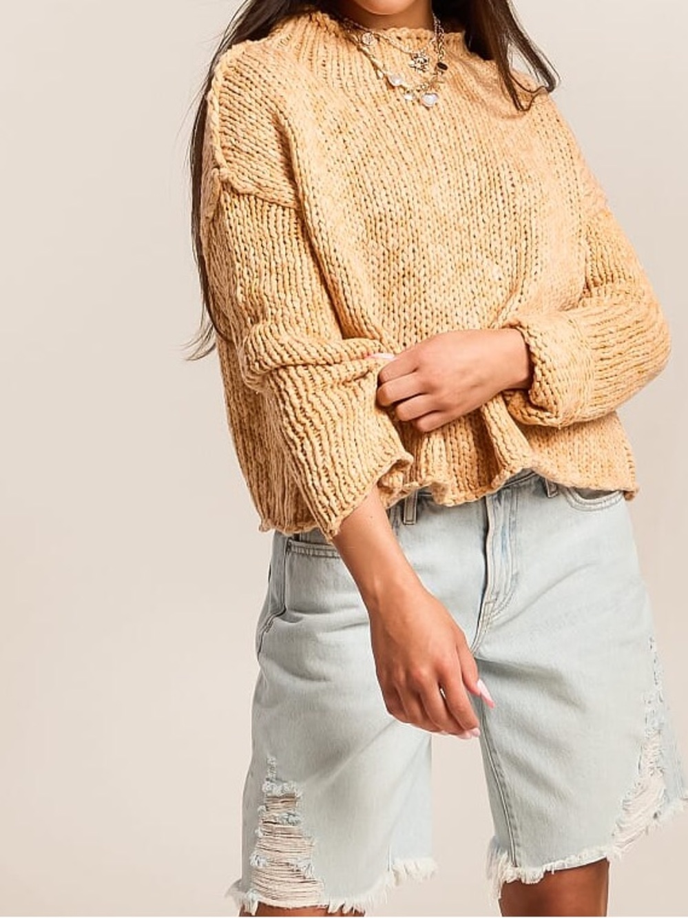 Free People Chunky Knit Cropped Sweater Mustard Yellow Tan Mock Neck M